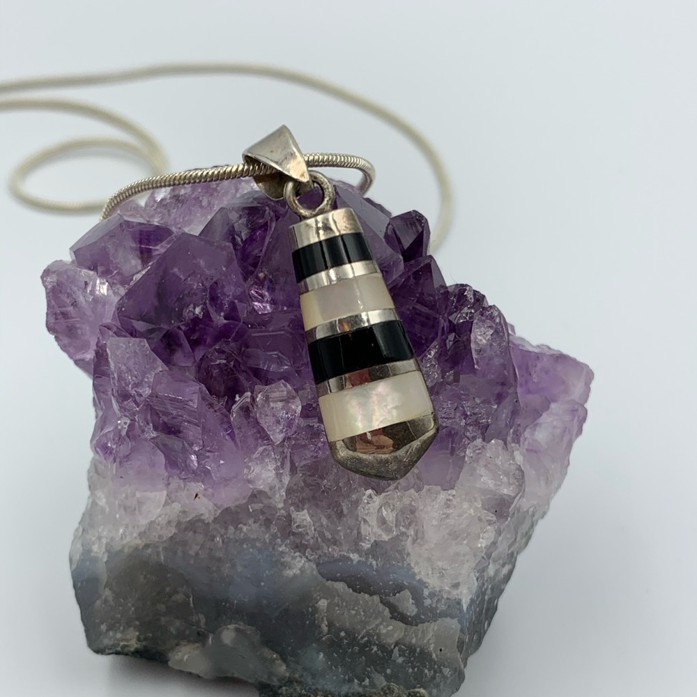 Sterling Silver Black Onyx MOP Lighthouse Necklace